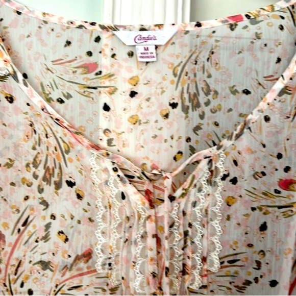 Floral Print Peach Green Women's Blouse Long Sleeve Cinch Waist Medium Candie’s - Picture 3 of 8
